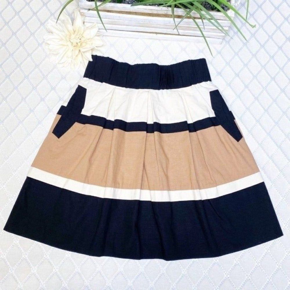 Anthropologie Striped A-line Mini Skirt Tan Black White - Picture 3 of 9